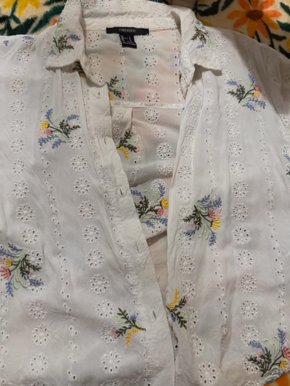 Forever 21 White Eyelet Button-Up Shirt with Pastel Floral Embroidery